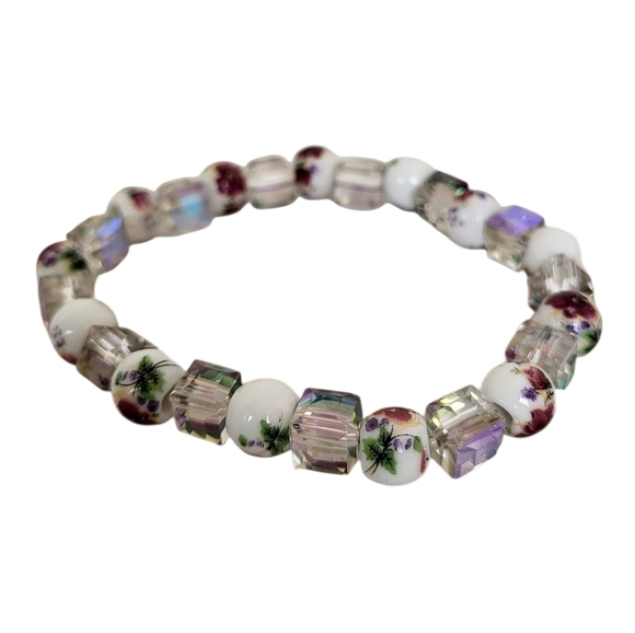 Sparkling Crystal Cubic Transparent Peony Floral Ceramic Stretch Bracelet - Picture 1 of 6